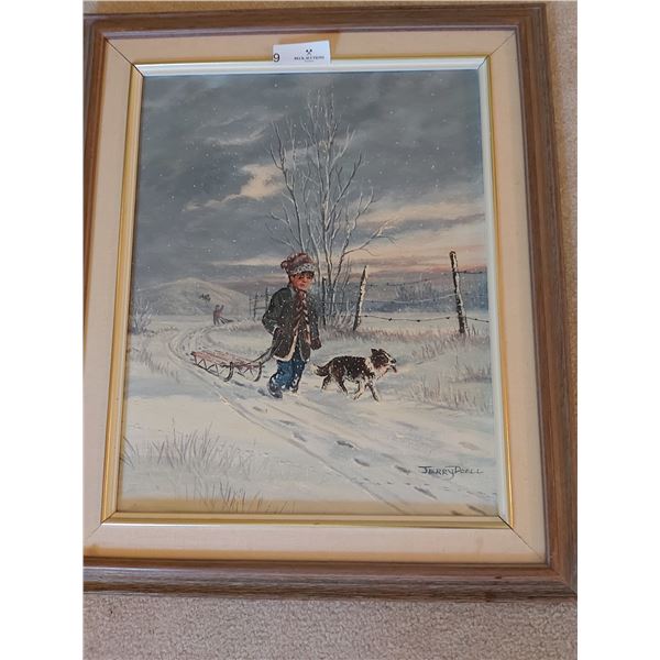 Painting Of Boy Sledding With Dog By Jerry Doell - 22.5W x 26.5H