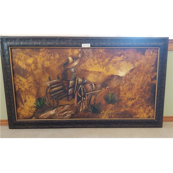 Painting Of A Donkey Pulling Man In Wagon By Vargas - 55W x 31H