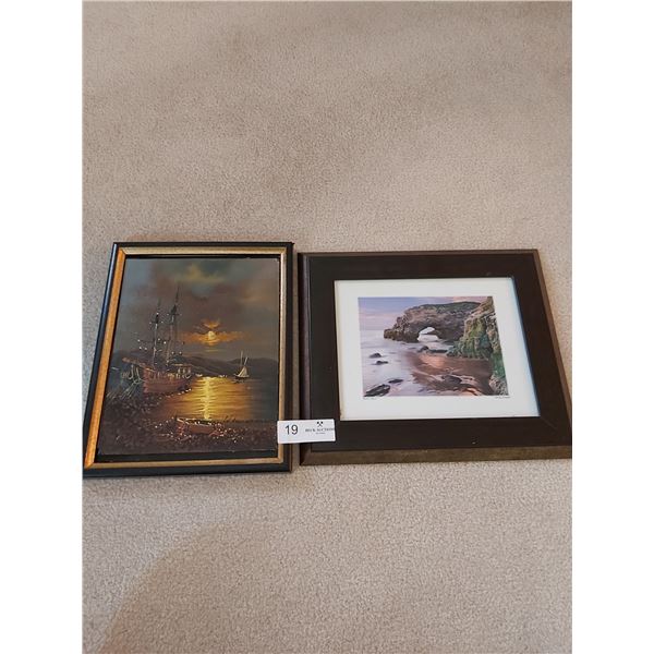 One Print (Pacific Arch) - 13 1/4W x 11 1/4H  And One Painting (Ship At Night) - 9.5W x 12H