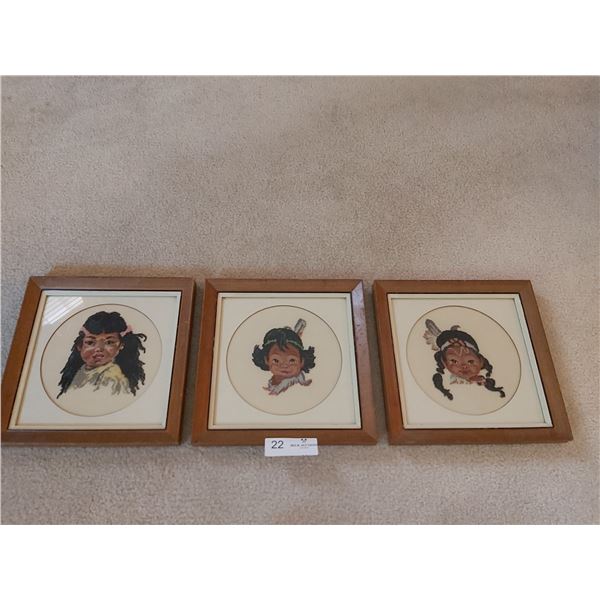 Three Needle Point Pictures Of Indigenous Children - 9.5W x 9.5H