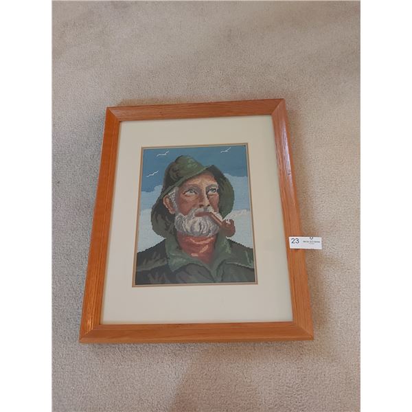 Needle Point Of Fisher Man Smoking A Pipe -18W x 22H