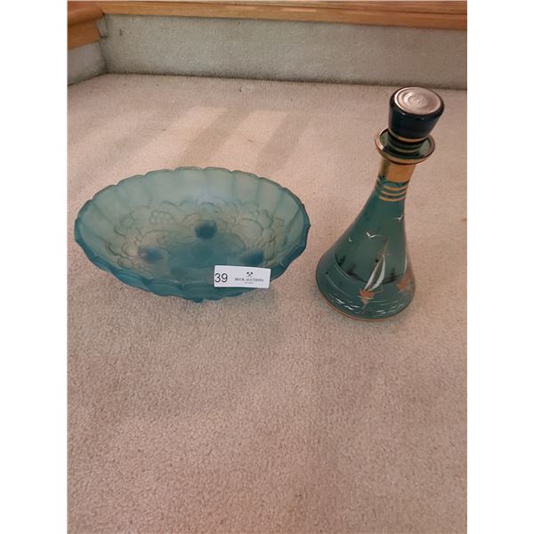 Hand Painted Decanter With Sail Ship And Fruit Bowl
