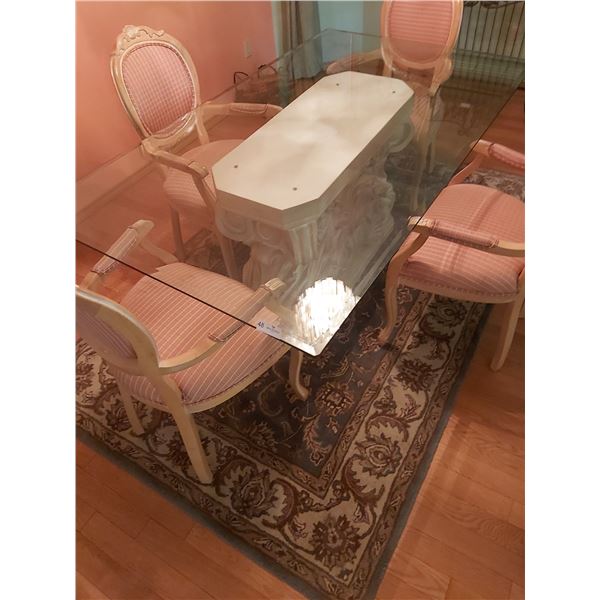 Glass Top Dinning With Stone looking Base And Four Armed Chairs - 72L x 42W x 28.5H