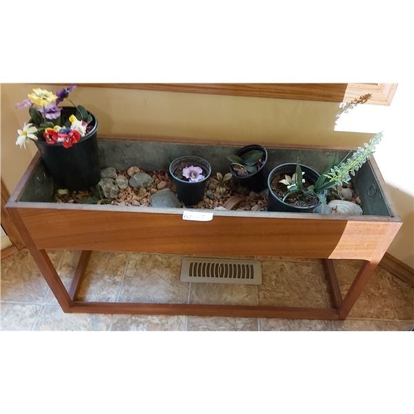 Wood Planter With Metal Insert  And Contents - 35L x 12D x 17.5H