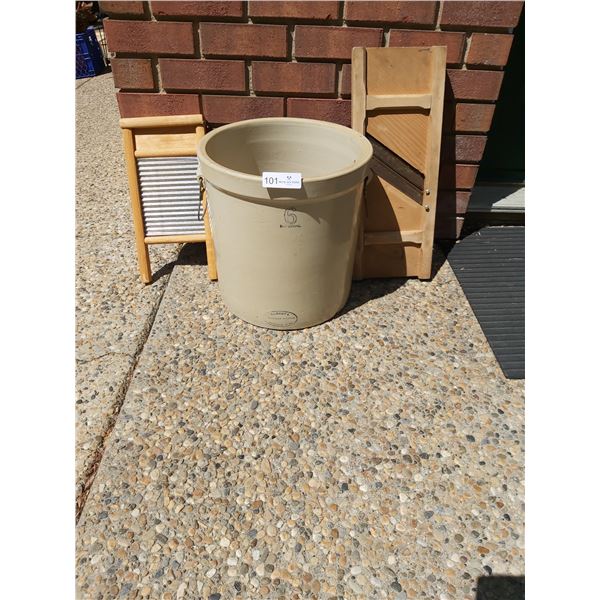 Vintage Pottery Canister With Mandolin And Wash Board