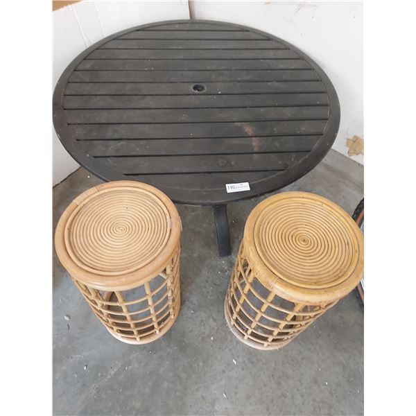 Round Metal Patio Table - 40 In Diameter x 19.5H With Two Wicker Plant Stands