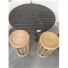 Image 1 : Round Metal Patio Table - 40 In Diameter x 19.5H With Two Wicker Plant Stands