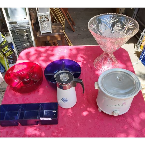 Punch Bowl, Corning Ware Tea/Coffee Pot, Crock Watcher, And Snack Trays