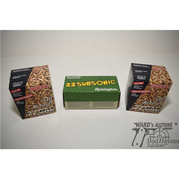 Two 550 count boxes of Federal .22 CAL ammo 36 GR. and a 450 count box ...