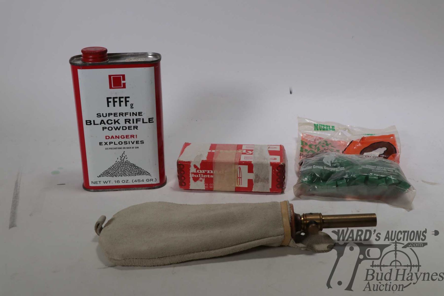 One lb tin of FFFF g black rifle powder, 100 count box .490 lead balls ...