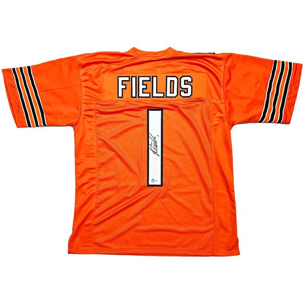 Chicago Bears Justin Fields Autographed Orange Jersey Beckett BAS Witness Stock