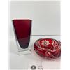 Image 2 : Vintage Red Cut Glass/Crystal Ashtray & 2 Art Glass Pieces