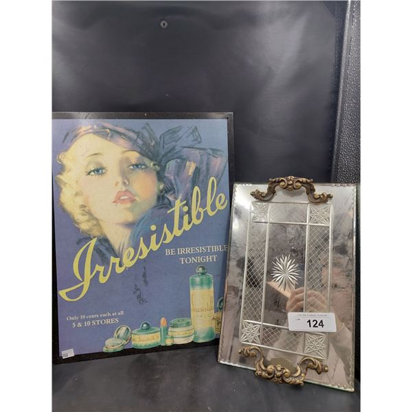 VINTAGE VANITY TRAY & REPRODUCTION SIGN