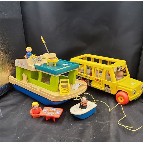 VINTAGE FISHER PRICE HAPPY HOUSEBOAT & SCHOOL BUS