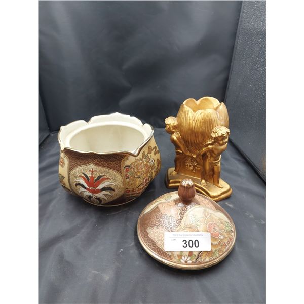 LIDDED ASIAN POT & CHERUB CANDLE STAND