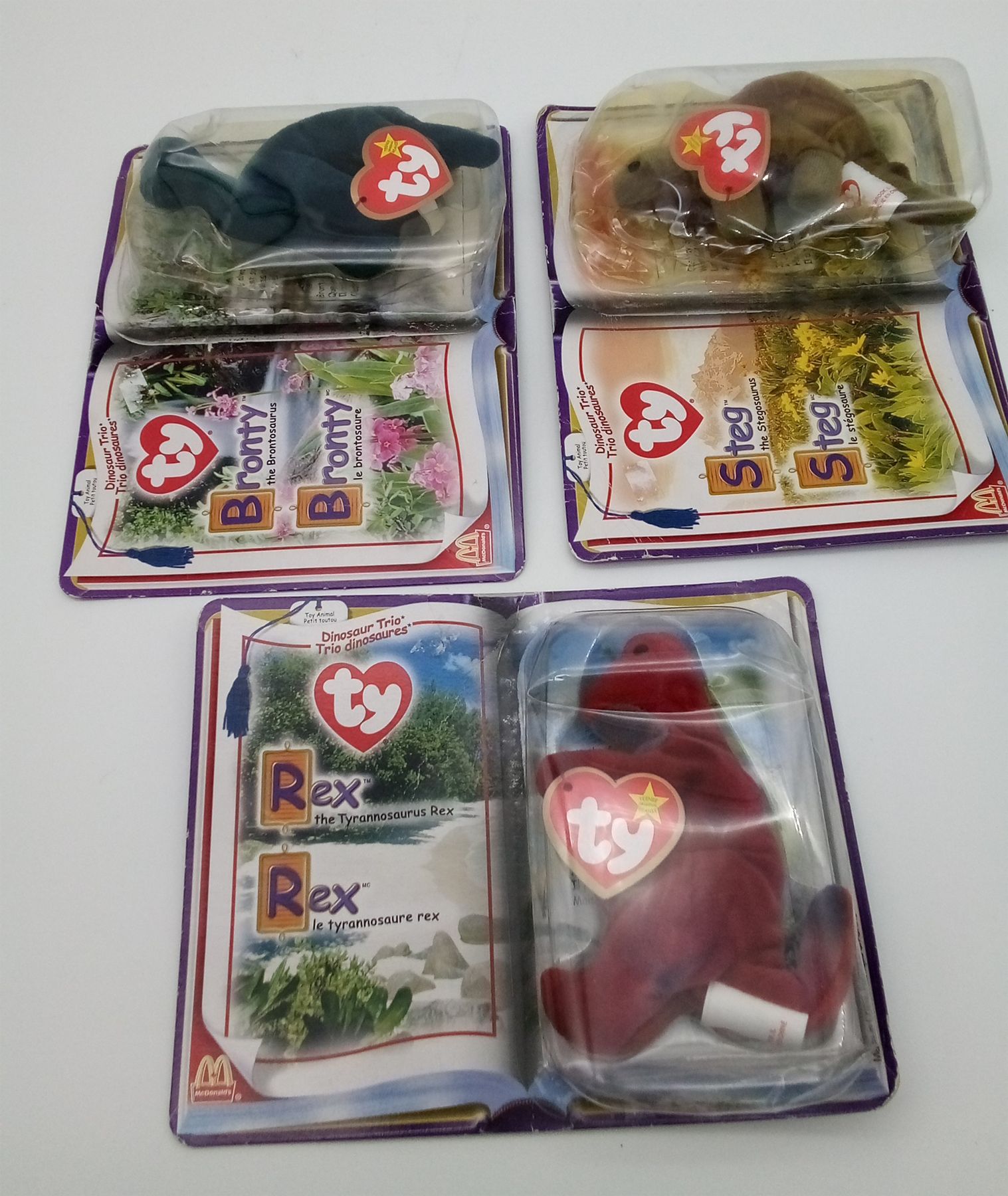 3 x McDonalds TY Beanie Babies Dinosaur Trio Rex, Steg & Bronty year 2000