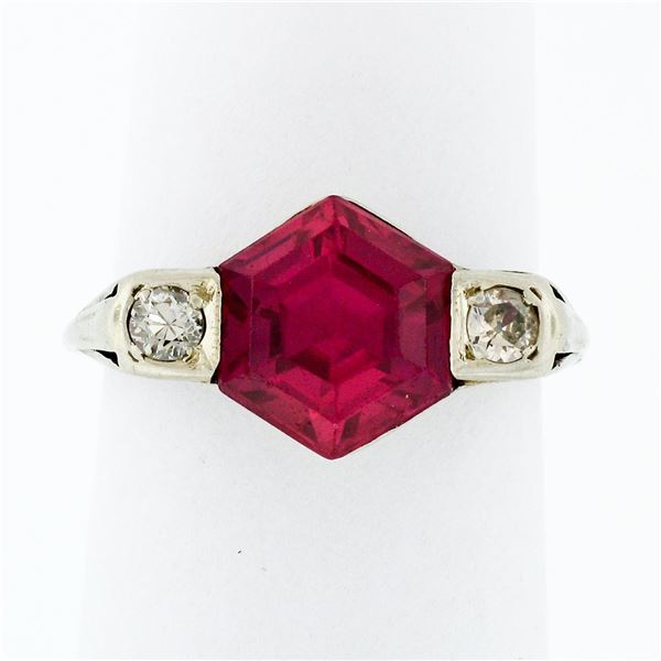 Antique Art Deco 14k Gold Hexagon Step Red Stone Diamond Ring w/ Filigree Work