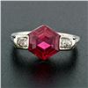 Image 2 : Antique Art Deco 14k Gold Hexagon Step Red Stone Diamond Ring w/ Filigree Work