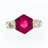 Image 4 : Antique Art Deco 14k Gold Hexagon Step Red Stone Diamond Ring w/ Filigree Work