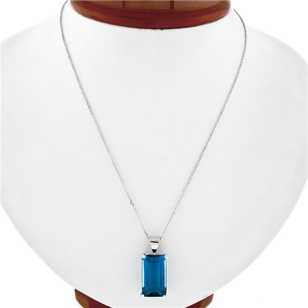 Handmade 14K White Gold 16.65 ctw Emerald Cut London Blue Topaz Solitaire Pendan