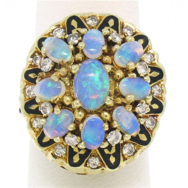 Vintage 14k Yellow Gold Oval Opal Diamond & Black Enamel Ladies Cocktail Ring