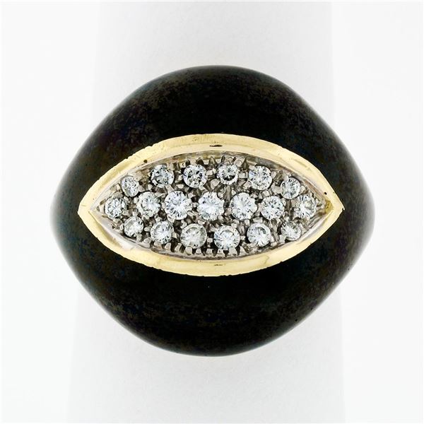 Vintage 18k Yellow Gold Diamond Wide Eye Shaped Black Enamel Dome Cocktail Ring