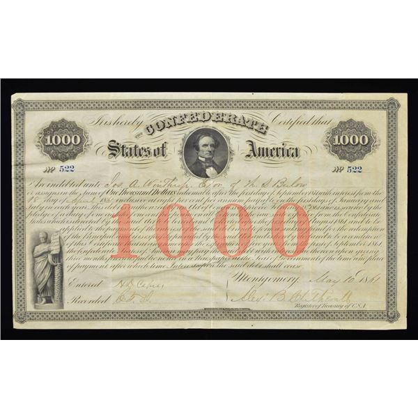 CONFEDERATE SERIES 1861 $1,000 BOND ISSUED IN