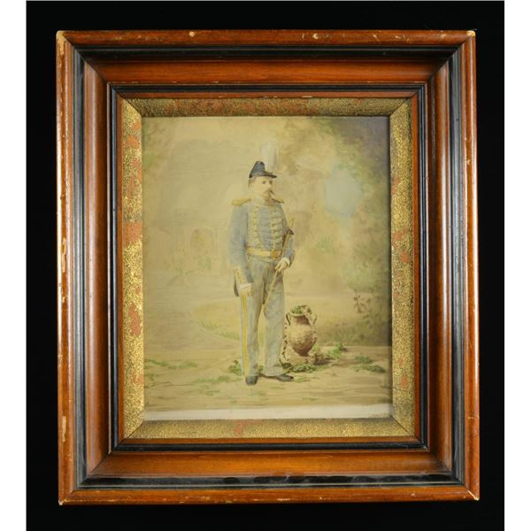 FRAMED MILITIA OFFICER HAND COLORED ALBUMEN PHOTO.