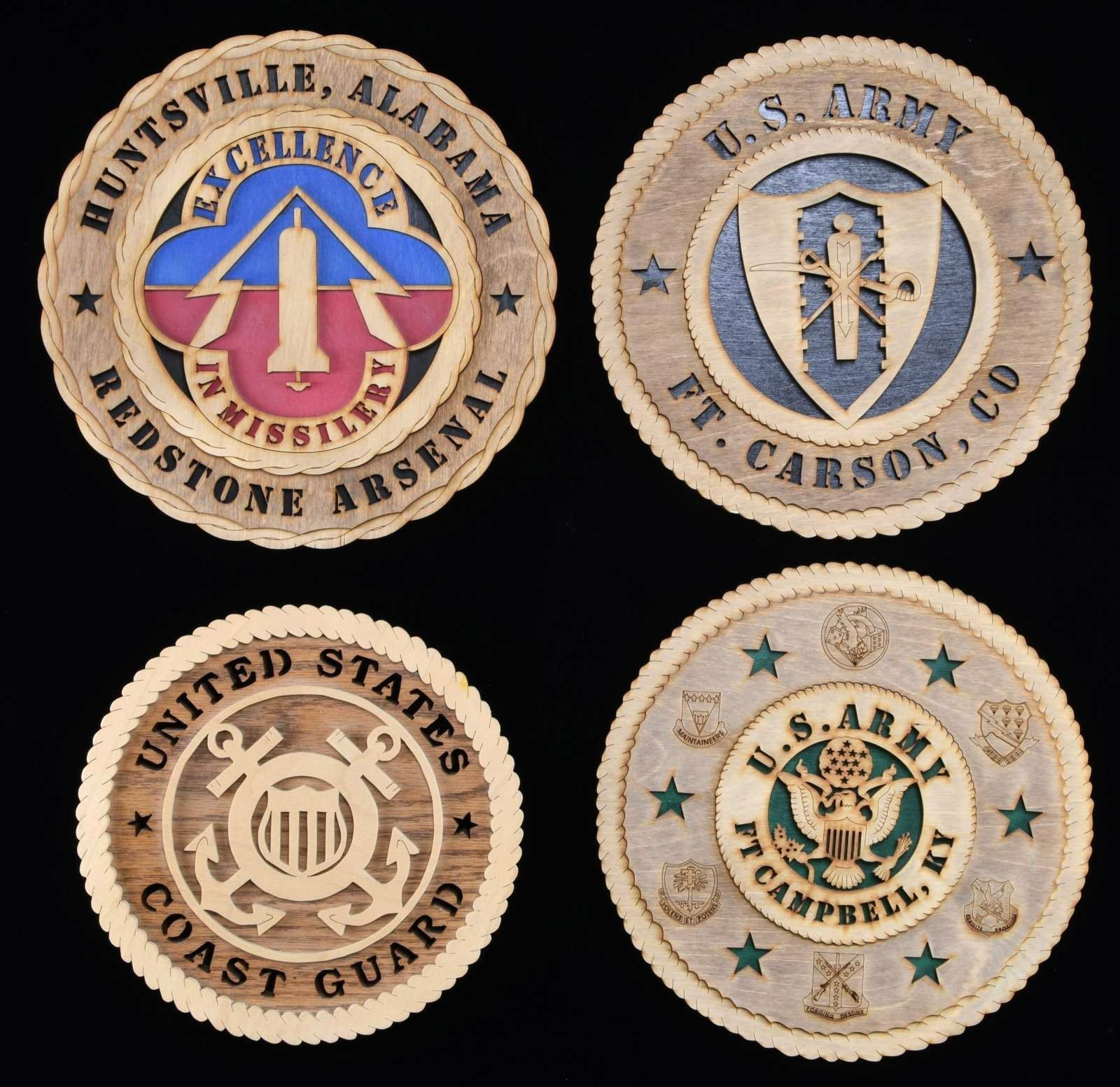 Military Cook Emblems 4 WOODEN PLAQUES OF US MILITARY EMBLEMS.
