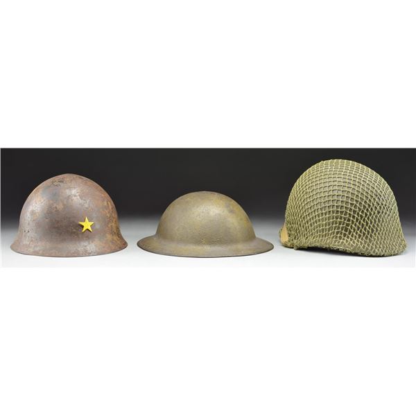 2 US ARMY HELMETS & 1 JAPANESE ARMY HELMET.