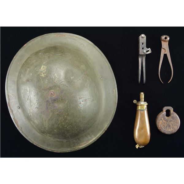 US HELMET, BULLET MOLDS, FLASK & A LOCK.