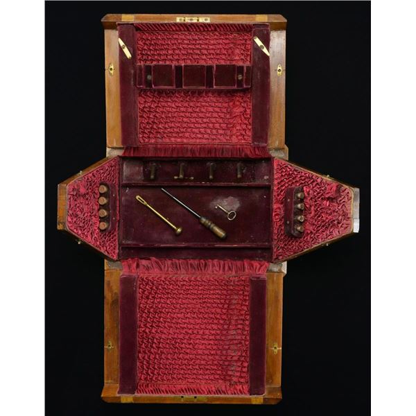 ANTIQUE WALNUT TRIANGULAR REVOLVER TRAVEL CASE.