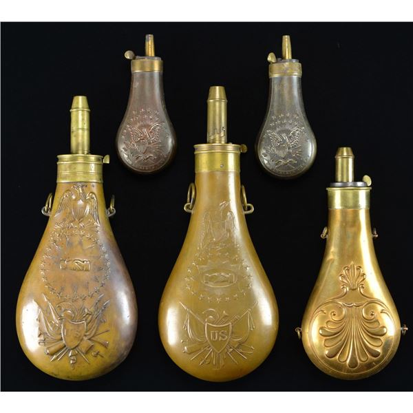 5 MILITARY & CIVILIAN POWDER FLASKS.