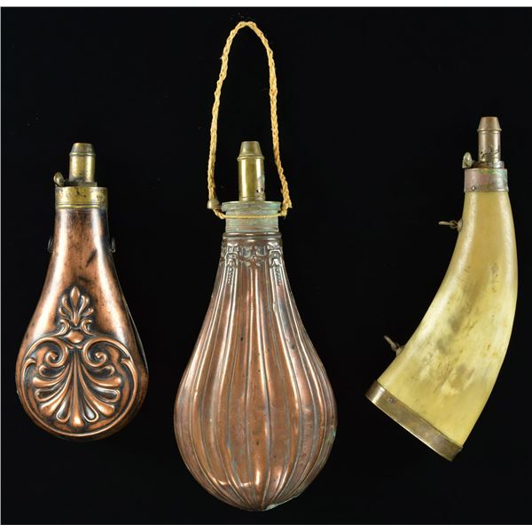 3 LARGE POWDER FLASKS & HORN.