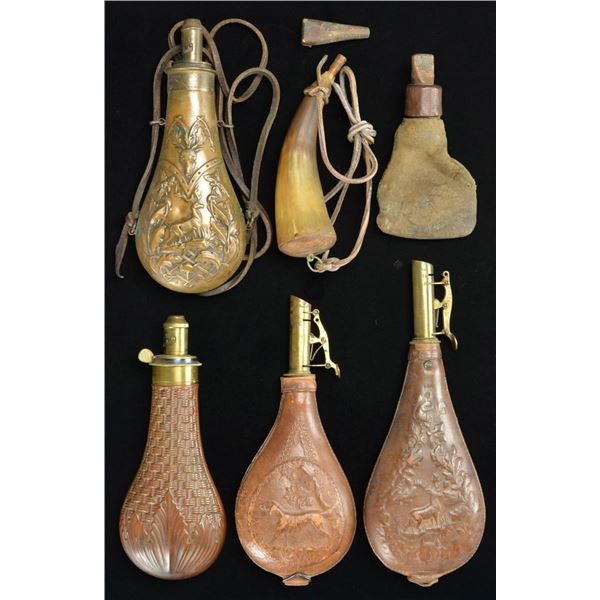 5 POWDER / SHOT FLASKS & SHOT BAG.