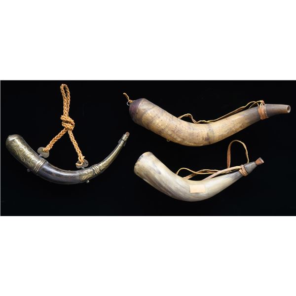 2 LARGE POWDER HORNS & AN INDO-PERSIAN POWDER
