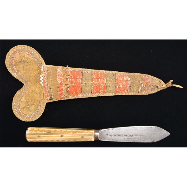 PLAINS INDIAN BEADED & QUILLED KNIFE SHEATH &