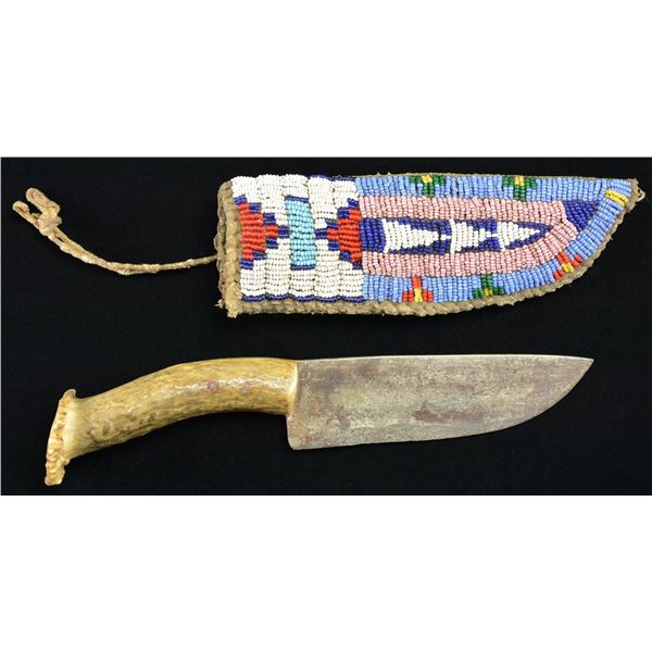 FINE SMALL PLAINS INDIAN BEADED KNIFE SHEATH AND