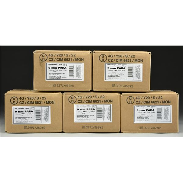 5 CASES (5,000 RDS.) SELLIER & BELLOT 9MM LUGER.