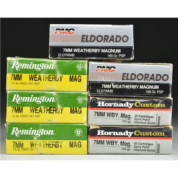 7 BOXES OF 7MM WEATHERBY MAGNUM AMMO.