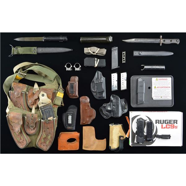 2 BAYONETS, 2 PISTOL BOXES, HOLSTERS & MAGAZINES