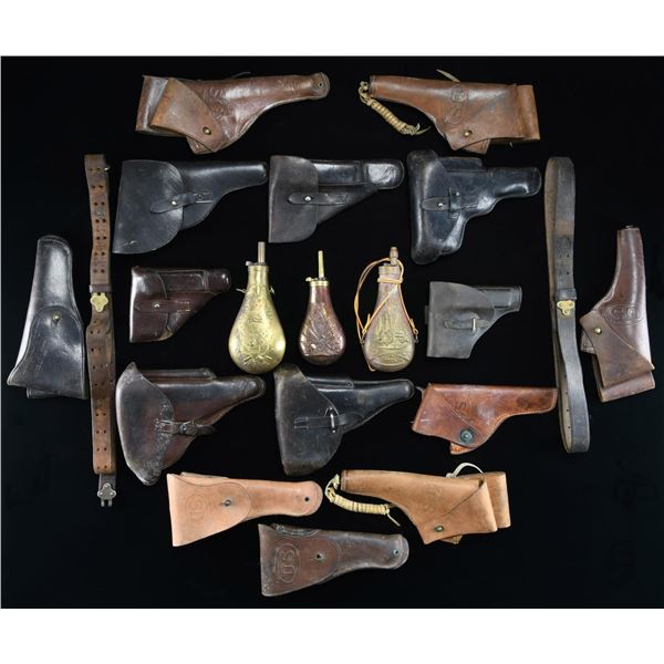 15 HOLSTERS & 3 POWDER FLASKS.