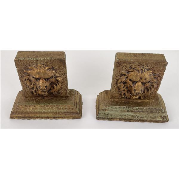 Arts and Crafts Gesso Lion Head Bookends