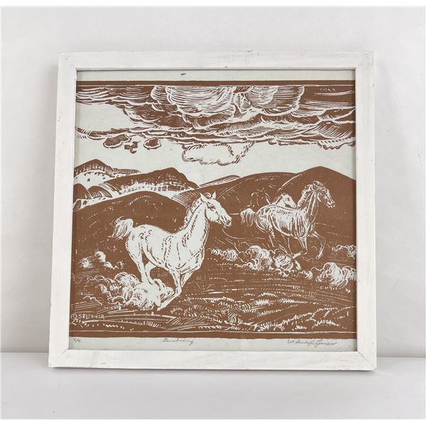 Signed Woodblock Linocut Print of Horses