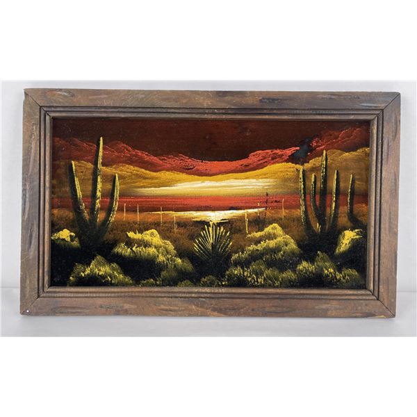 Mid Century Velvet Desert Sunset Painting