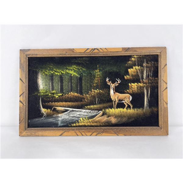Mid Century Velvet Deer in Forest Painting