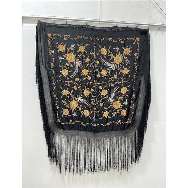 Antique Chinese Embroidered Silk Piano Shawl