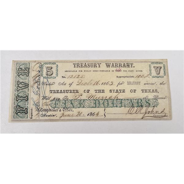 1864 $5 Treasury Warrant State of Texas