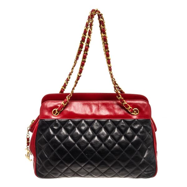 Chanel Black Red Lambskin Leather Matelasse Chain Shoulder Bag
