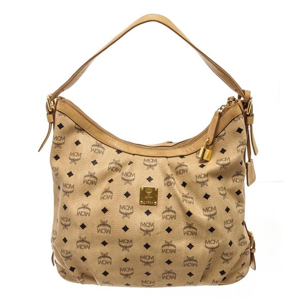 MCM Cream Coated Canvas Visetos Hobo bag